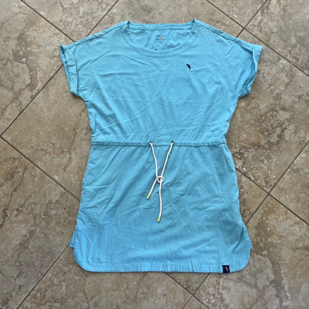 Margaritaville Womens XL Blue Cotton T-Shirt Dress Drawstring Waist Parrot Logo